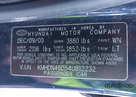 2004 Hyundai Elantra Gls/Gt из США, поврежденный, VIN KMHDN46D54U812232